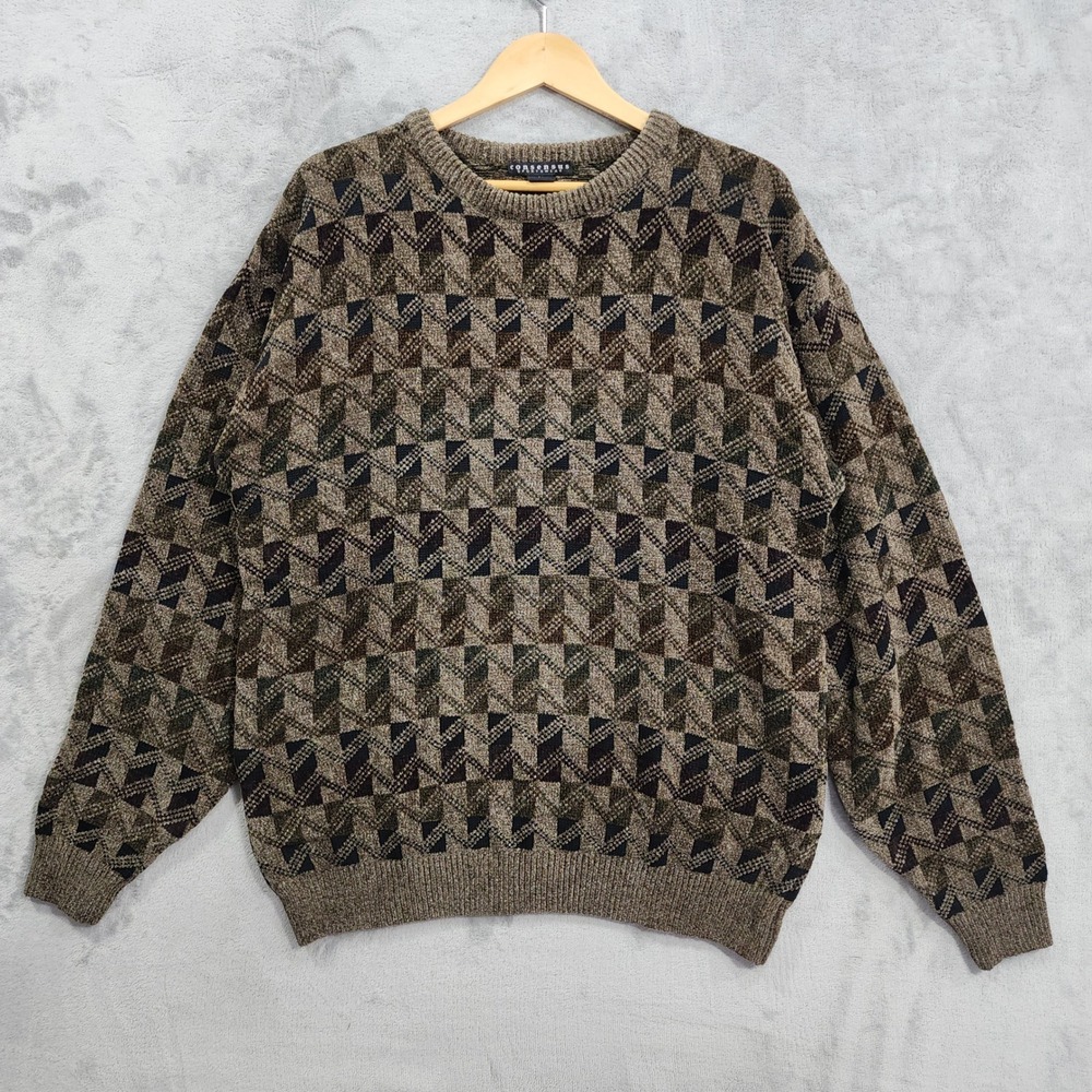 Vintage Consensus Sportswear Sweater Mens L Brown Multicolor Geometric Crew Neck